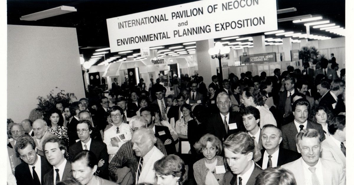Crowd gathers at entrance of NeoCon
